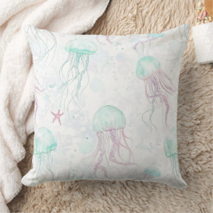 Dreamy Watercolor Jellyfish Ocean Pattern Throw Pillow