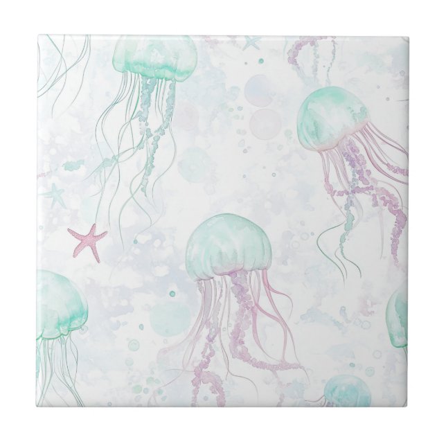 Dreamy Watercolor Jellyfish Ocean Pattern Tile (Front)