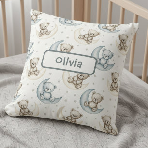 Dreamy Watercolor Teddy Bear on the Moon Throw Pillow