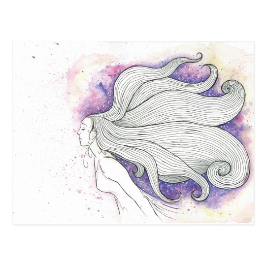 Dreamy watercolour and ink girl, postcard