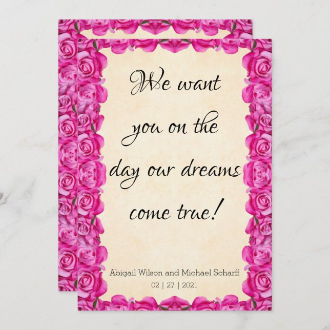 Dreamy Wedding Invitations with Pink Roses (Front/Back)