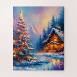 Dreamy Whimsical Mountain Christmas Cabin Jigsaw Puzzle