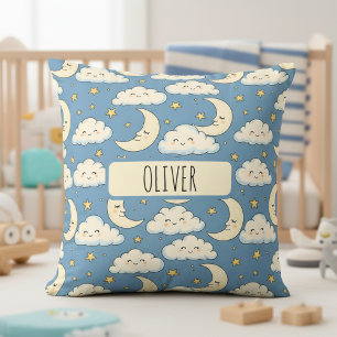 Dreamy Whimsical Sleeping Moon and Clouds Throw Pillow