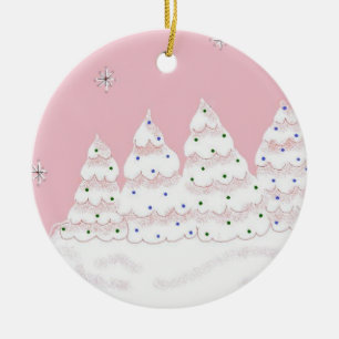 Dreamy White Christmas Trees Ceramic Ornament