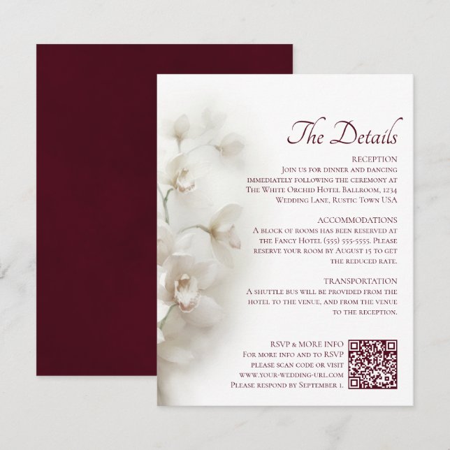 Dreamy White Orchids QR Code Wedding Details Enclosure Card (Front/Back)
