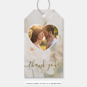 Dreamy White Rose Heart Photo Wedding Thank You Gift Tags