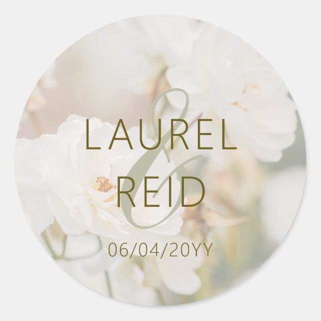 Dreamy White Rose Photo With Names Elegant Wedding Classic Round Sticker (Front)