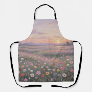 Dreamy Wildflower Meadow Sunset Pastel Landscape Apron