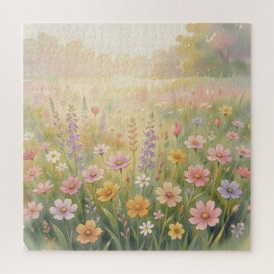 Dreamy Wildflower Meadow Watercolor Pastel Floral Jigsaw Puzzle