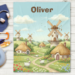 Dreamy Windmill Village Fleece Blanket