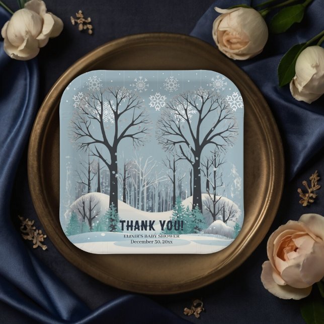 Dreamy Winter Forest Snowflakes Baby Shower Paper Plate (Creator Uploaded)
