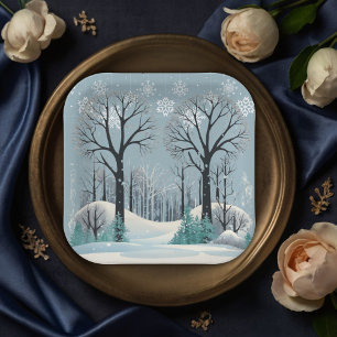Dreamy Winter Forest Snowflakes Baby Shower Paper Plate