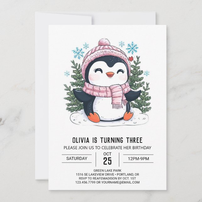 Dreamy Winter Penguin Digital Birthday Invitation (Front)