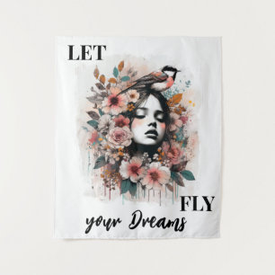 Dreamy Woman with Flowers and Positive Message Tapestry