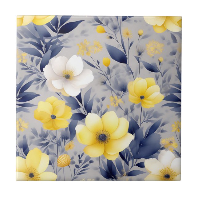 Dreamy Yellow and Grey Watercolor Floral Tile (Front)