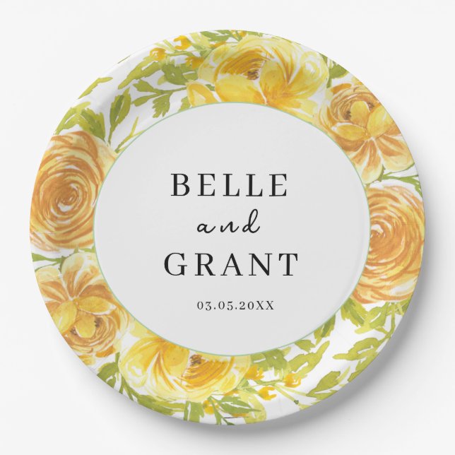 Dreamy Yellow Rose Wedding Paper Plate (Front)