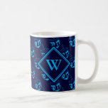 DREIDEL Happy Hanukkah Hebrew BLUE CYAN Monogram Coffee Mug<br><div class="desc">Stylish midnight navy blue COFFEE MUG to celebrate HANUKKAH. Navy and cyan blue colour theme with all over cyan DREIDEL print. There is a customizable monogram on the front, and customizable placeholder text on the back which says חנוכה שמח (HAPPY HANUKKAH in Hebrew). This would make an ideal gift for...</div>