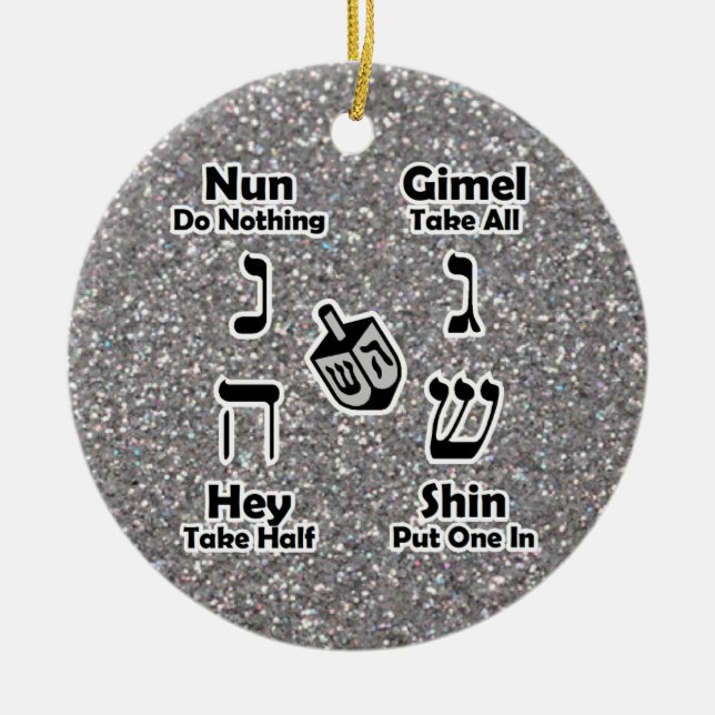 Dreidel Instructions Happy Hanukkah Silver Glitter Ceramic Ornament (Front)