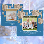 Dreidel Rustic Oak 2 Photo Double Sided Hanukkah Metal Ornament<br><div class="desc">Personalize these cute 2 photo Hanukkah ornaments with your pictures and text on each side. Double sided, these custom holiday ornaments feature 7 faux oak wood dreidels in various sizes across the top printed on a rich medium dark blue background. Your photo in the centre of the ornament will appear...</div>