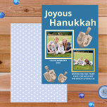 Dreidel Rustic Oak Blue 2 Photo Joyous Hanukkah Foil Holiday Card<br><div class="desc">These personalized Hanukkah cards are made special with two of your favourite photos and real gold foil printing. The simple medium dark blue background sets the tone for two of your pictures framed in chunky boarders of real gold foil with three faux oak wood style dreidel images scattered above and...</div>