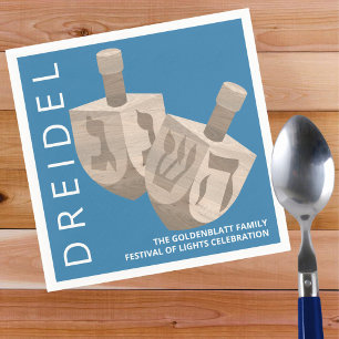 Dreidel Rustic Oak Blue Personalized Hanukkah Napkin