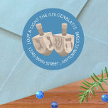Dreidel Rustic Oak Cute Blue Any Text Hanukkah Classic Round Sticker<br><div class="desc">Add your own text to these blue and rustic dreidels stickers with a fun Hanukkah theme. From envelope seals that double as return address labels to decorations for packages and bags, these personalized Hanukkah stickers will add a custom touch to your Festival of Lights celebrations. Use the easy text templates...</div>