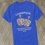 Dreidel Rustic Oak Funny Champion Hanukkah T-Shirt<br><div class="desc">These funny Dreidel Champion T-Shirts with personalized text are great as apparel for yourself or as gifts one night for the entire family. Two jumbo faux oak wood dreidels in the centre of the shirt is surrounded by custom text in a simple white font. CHAMPION gently curving across the top...</div>