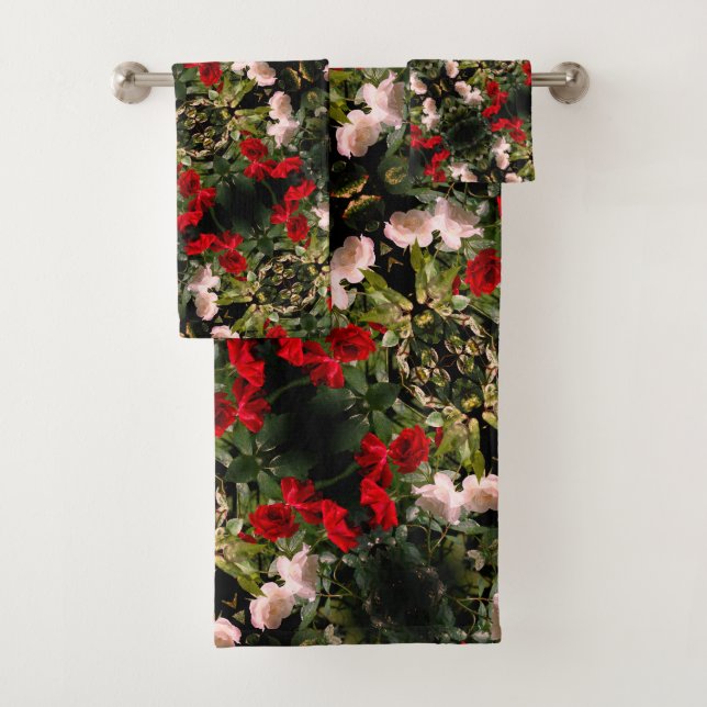Drenched Red And White Roses Pattern  Bath Towel Set (Insitu)
