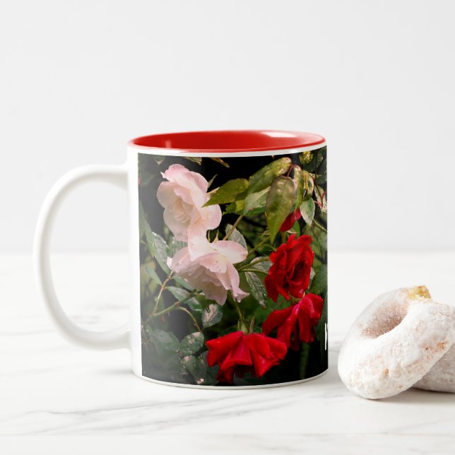 Drenched Roses Personalized  Two-Tone Coffee Mug (With Donut)