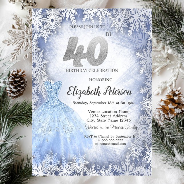 Dress Blue Snowflakes Winter 40th Birthday Invitation (Creator Uploaded)