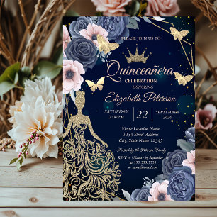 Dress,Butterfllies Stars Blue Flowers Quinceañera Invitation