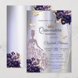Dress,Butterfly Violet Roses Lavender Quinceañera Invitation