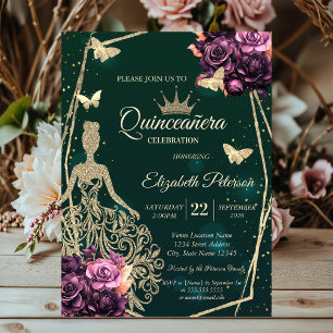 Dress,Butterfly Violet Roses Stars Quinceañera Invitation