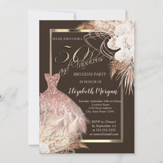 Dress,Confetti Boho Flowers Brown 50th Birthday Invitation (Front)