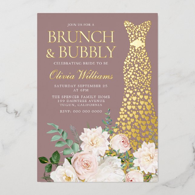 Dress & Flowers Brunch & Bubbly Bridal Shower Gold (Front)