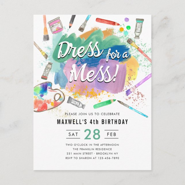 Dress for a Mess Kids Art Paint Painting Birthday Postcard (Front)
