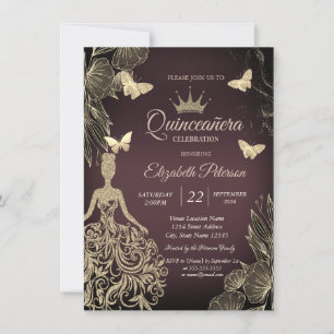Dress,Gold Butterfllies Flowers Dark Quinceañera Invitation