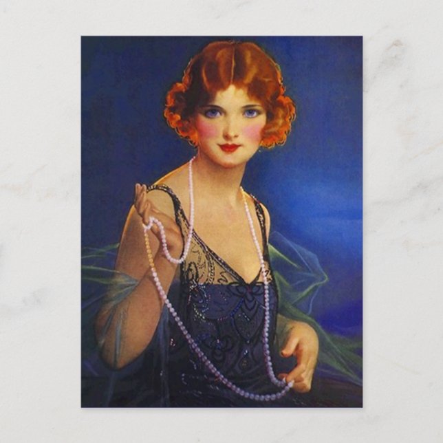 Dress Midnight Blue Flapper Girl & Pearls Postcard (Front)