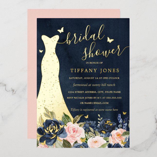 Dress Navy Blush Floral Gold Bridal Shower  (Front/Back)
