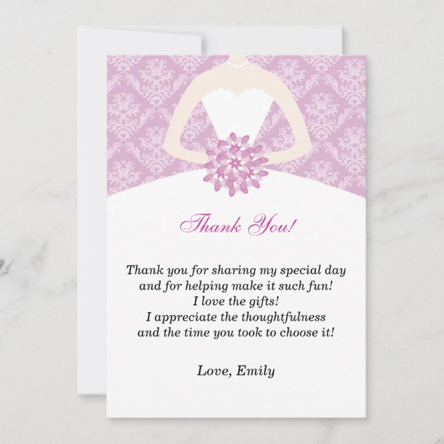 Dress Thank You Card Bridal Shower Lilac Damask (Front)