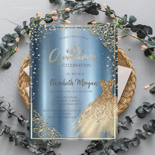 Dress Tiara,Diamonds Blue Metallic Quinceañera   Invitation