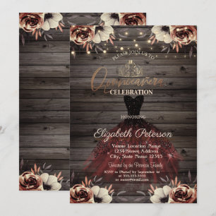  Dress,Tiara,Lights Red Roses Wood Quinceañera   Invitation