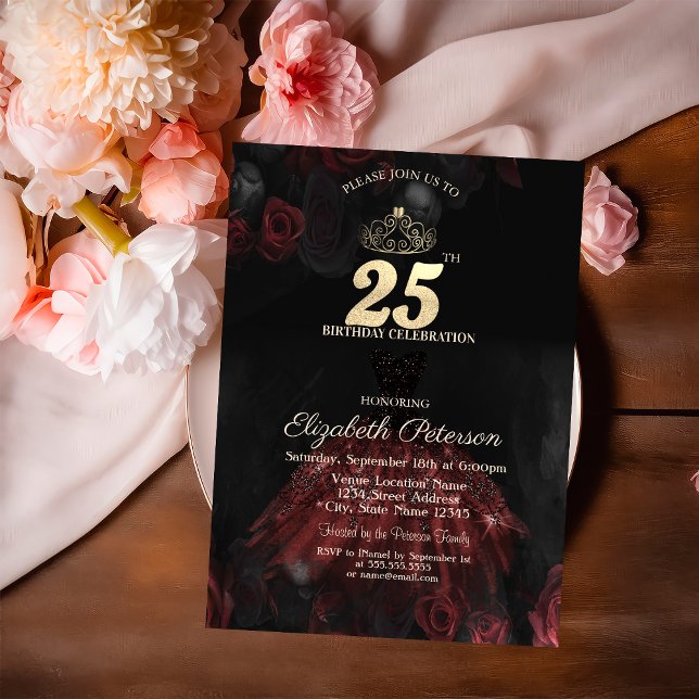  Dress,Tiara,Red Roses 25th Birthday Invitation (Creator Uploaded)