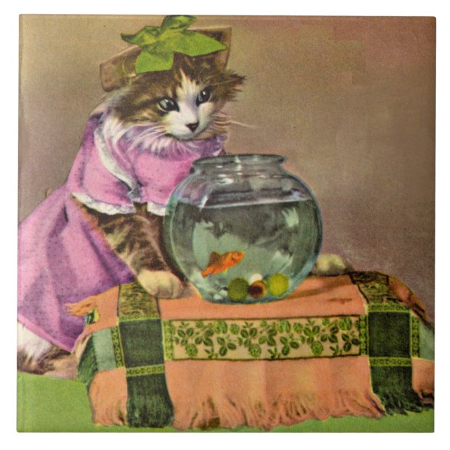 dressed cat and fish bowl tile (Front)