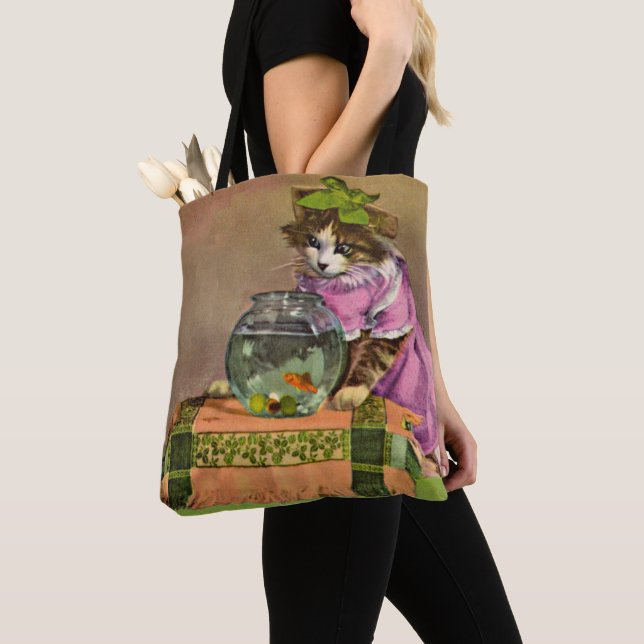dressed cat and fish bowl tote bag (Close Up)