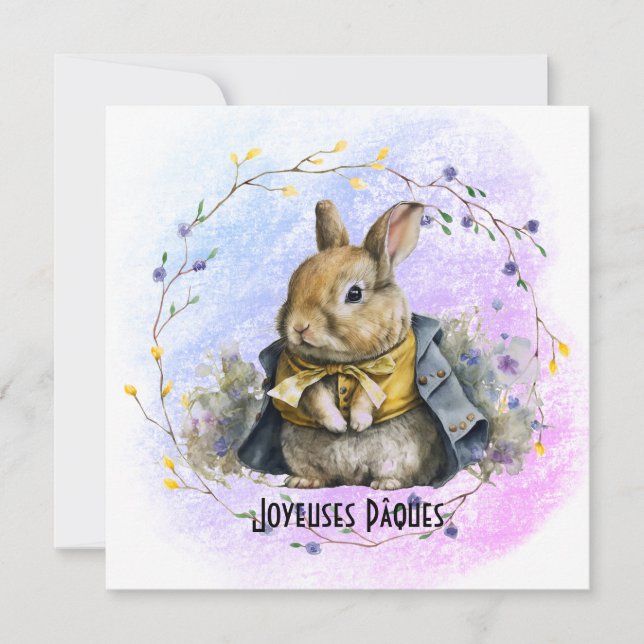 Dressed Easter Rabbit In Wreath of Flowers Holiday Card (Front)