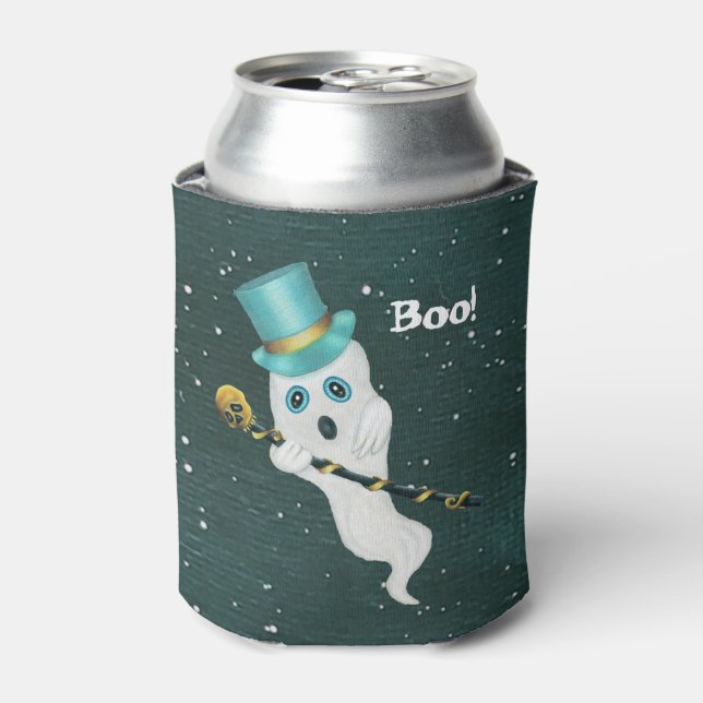 Dressed Up Ghost in Night Sky Top Hat Skull Cane Can Cooler (Can Front)