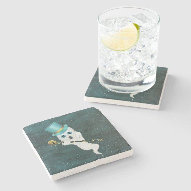 Dressed Up Ghost Silly Face Top Hat Skull Cane Sky Stone Coaster (Side)