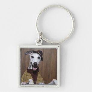 Dressed up Whippet dog at gambling table Keychain