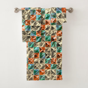 Dressy beige, cyan and coral tiles or stained bath towel set